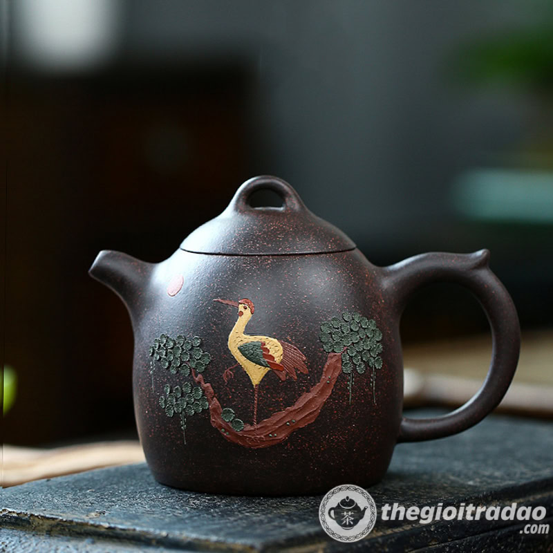 Ấm Tử Sa Tần Quyền Tùng Hạc Hắc Kim Sa 300ml 1 am tu sa nghi hung chinh hang