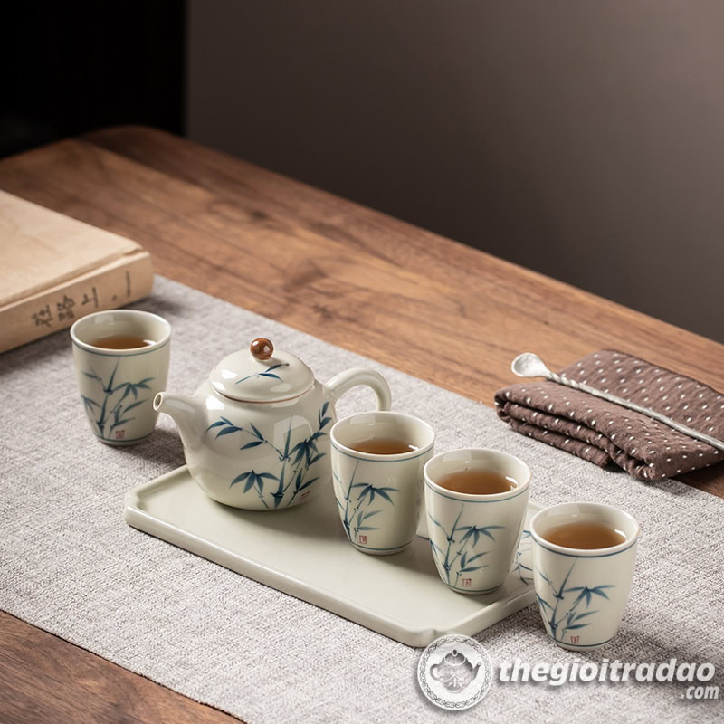 Bộ Ấm Chén Uống Trà Sứ Cảnh Đức Vẽ Tay Cành Trúc 14 Bo am chen uong tra su canh duc ve tay canh truc2024--10