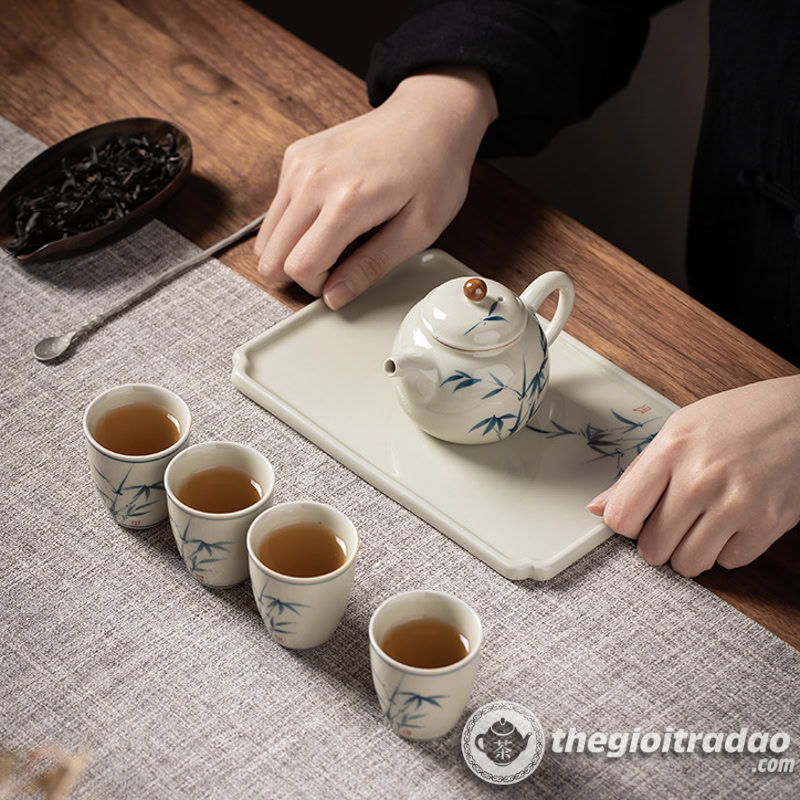 Bộ Ấm Chén Uống Trà Sứ Cảnh Đức Vẽ Tay Cành Trúc 15 Bo am chen uong tra su canh duc ve tay canh truc2024--11