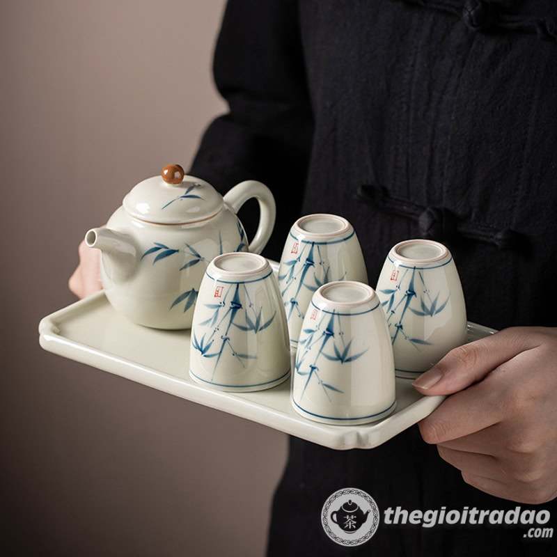 Bộ Ấm Chén Uống Trà Sứ Cảnh Đức Vẽ Tay Cành Trúc 13 Bo am chen uong tra su canh duc ve tay canh truc2024--9