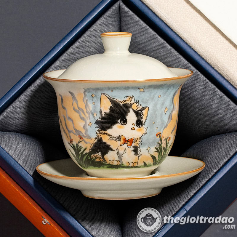 Chén Khải Sứ Cảnh Đức Vẽ Mèo Dễ Thương 160ml 4 chen khai su canh duc ve meo de thuong 160ml-
