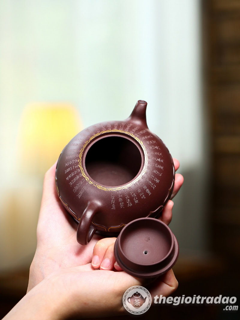 Ấm Tử Sa Phật Liên Khắc Tâm Kinh Tử Nê 340ml 16 am tu sa phat lien khac tam kinh tu ne 340ml--12