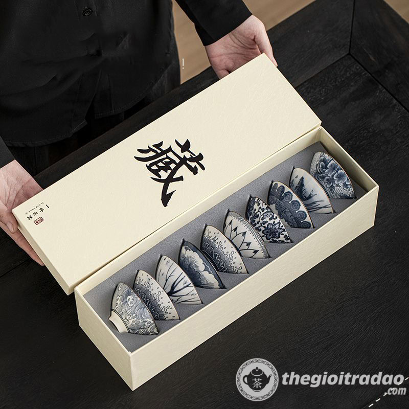 Bộ 10 Chén Trà Cảnh Đức Dáng Nón, Sứ Men Lam Cao Cấp 2 bo 10 chen uong tra su canh duc dang non--13