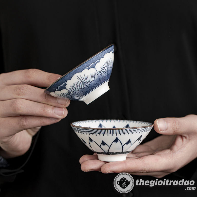 Bộ 10 Chén Trà Cảnh Đức Dáng Nón, Sứ Men Lam Cao Cấp 4 bo 10 chen uong tra su canh duc dang non--14