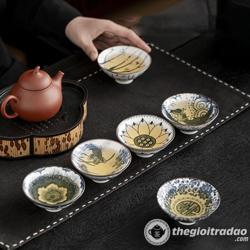 Bộ 10 Chén Trà Cảnh Đức Dáng Nón, Sứ Men Lam Cao Cấp 3 bo 10 chen uong tra su canh duc dang non--16