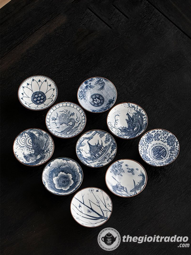 Bộ 10 Chén Trà Cảnh Đức Dáng Nón, Sứ Men Lam Cao Cấp 12 bo 10 chen uong tra su canh duc dang non--17