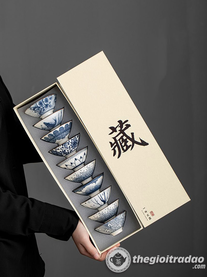 Bộ 10 Chén Trà Cảnh Đức Dáng Nón, Sứ Men Lam Cao Cấp 17 bo 10 chen uong tra su canh duc dang non--18