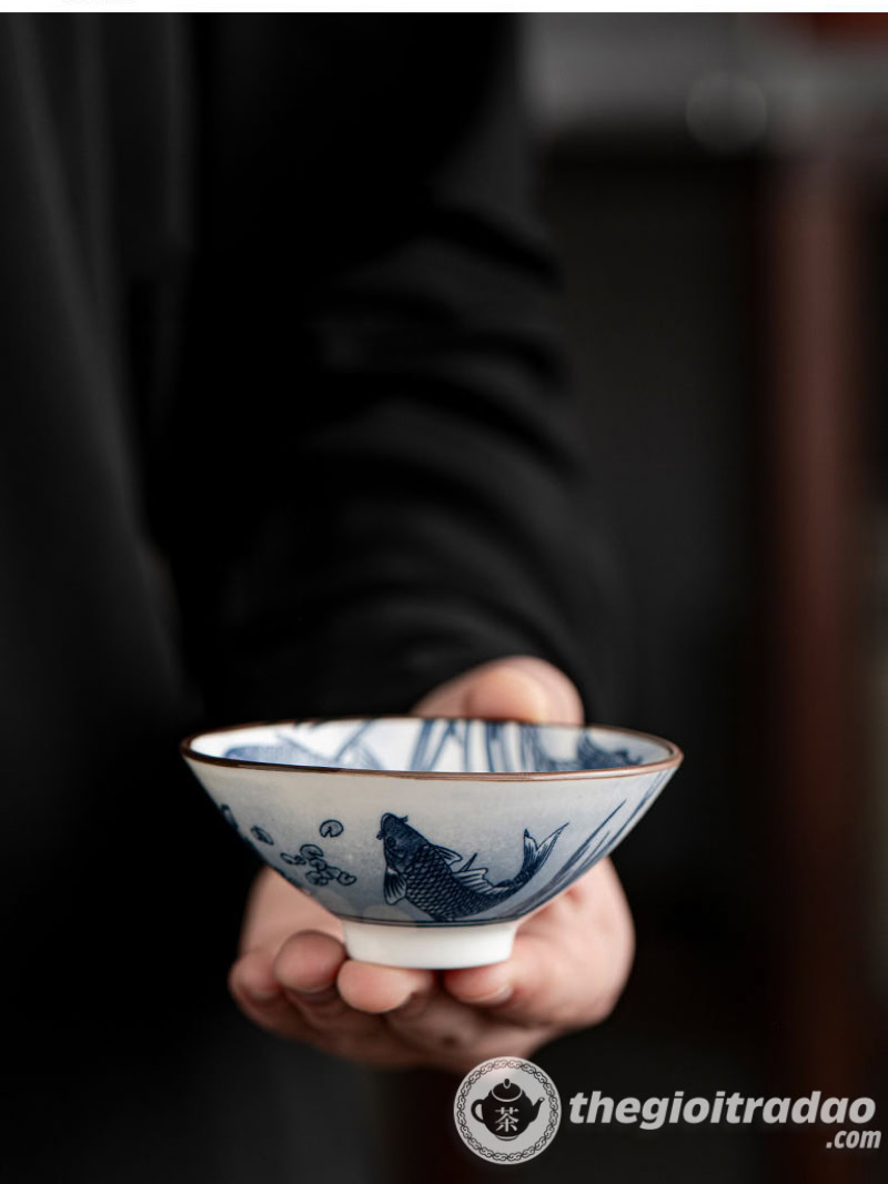 Bộ 10 Chén Trà Cảnh Đức Dáng Nón, Sứ Men Lam Cao Cấp 22 bo 10 chen uong tra su canh duc dang non--19