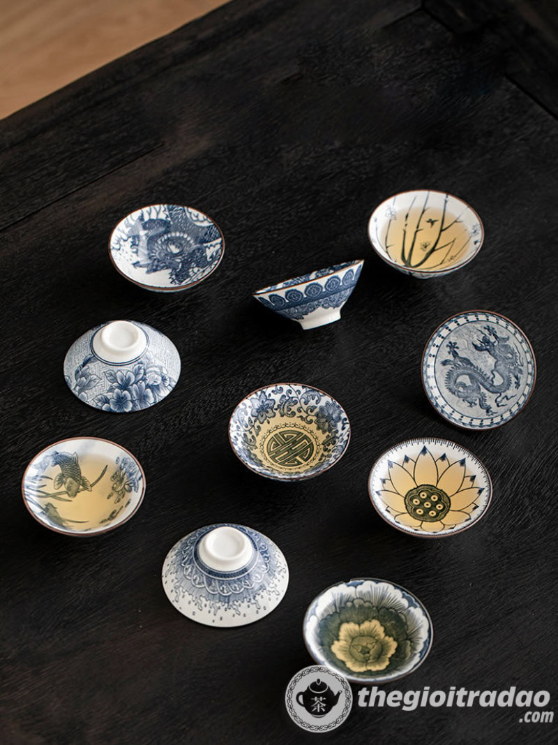 Bộ 10 Chén Trà Cảnh Đức Dáng Nón, Sứ Men Lam Cao Cấp 13 bo 10 chen uong tra su canh duc dang non--2