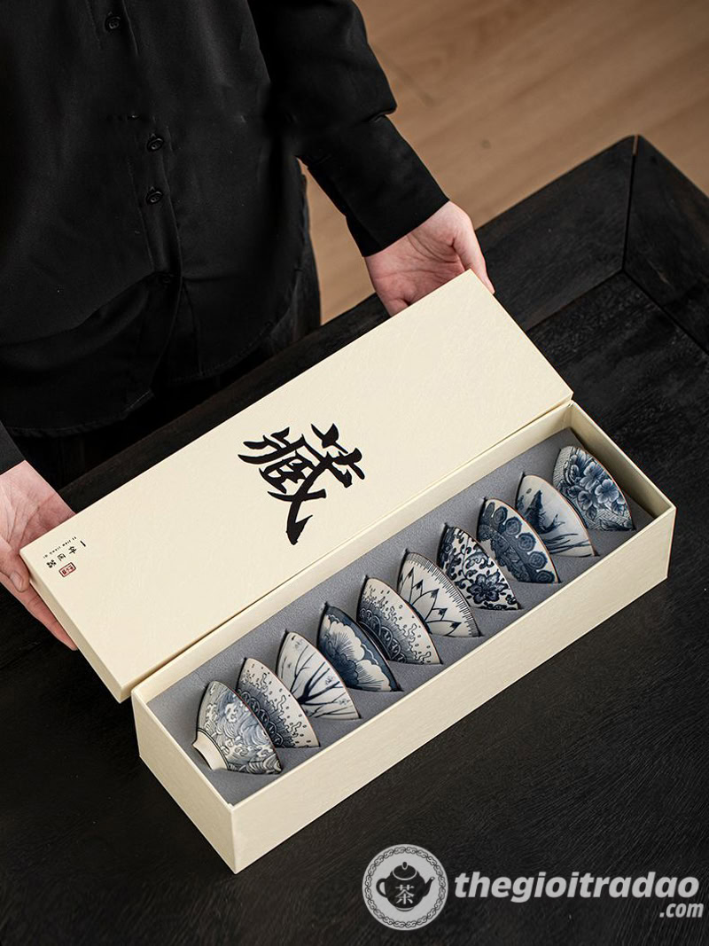 Bộ 10 Chén Trà Cảnh Đức Dáng Nón, Sứ Men Lam Cao Cấp 26 bo 10 chen uong tra su canh duc dang non--21