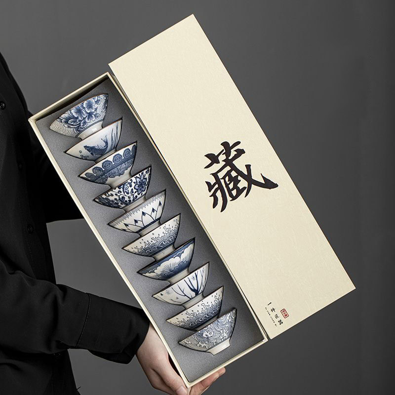 Bộ 10 Chén Trà Cảnh Đức Dáng Nón, Sứ Men Lam Cao Cấp 1 bo 10 chen uong tra su canh duc dang non--22