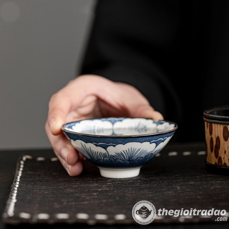 Bộ 10 Chén Trà Cảnh Đức Dáng Nón, Sứ Men Lam Cao Cấp 14 bo 10 chen uong tra su canh duc dang non--3