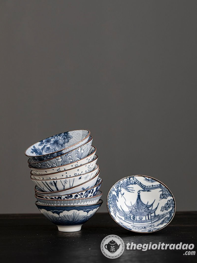 Bộ 10 Chén Trà Cảnh Đức Dáng Nón, Sứ Men Lam Cao Cấp 21 bo 10 chen uong tra su canh duc dang non--9