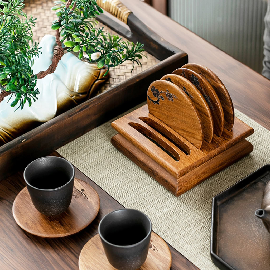 Bộ Đế Gỗ Kèm 6 Lót Chén Trà Gỗ Tự Nhiên, Phụ Kiện Trà Đạo--2