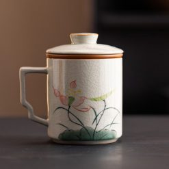 Bộ Cốc Lọc Trà Men Rạn Vẽ Sen 390ml – Có Nắp Và Lõi Lọc, Kèm Hộp Quà